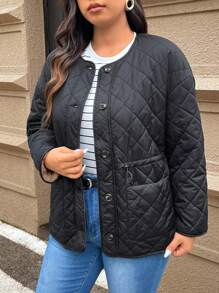 SHEIN Frenchy Áo khoác đệm tay dài cài nút phía trước cỡ lớn có thể điều chỉnh eo, có thể đảo ngược, cho mùa đông - màu đen - Xem 6