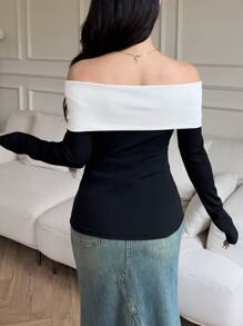 Modelyn Women's Contrast Color Off-Shoulder Long Sleeve Pleated Slim Fit T-Shirt, Spring-Summer - Black and White - View 4