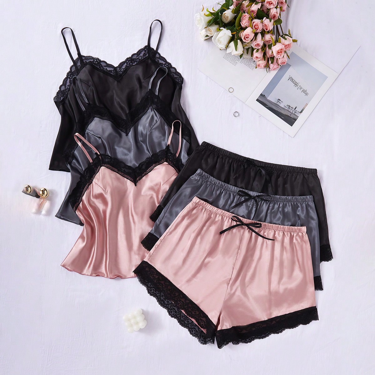 Piezas Conjunto de ropa de dormir de talla grande de seda sintética de bloque de color con encaje