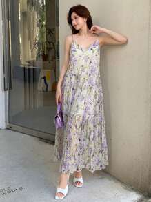 DAZY Vestido casual suelto de tiras de espagueti con volantes en el bajo y estampado floral para mujer