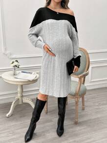 SHEIN Maternity Contrast Color Asymmetrical Neck Long Sleeve Dress