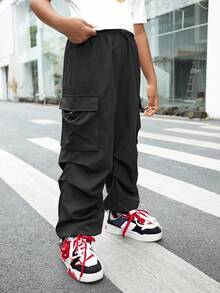 Tween Boys' Casual Urban Chic Cargo Pants, Suitable For Commuting, School, Daily Wear, Sports, Fits Autumn/Winter Season - Black - View 3