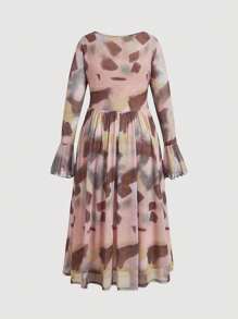 SHEIN MOD Große Größen Vintage Stil Batik Blumen Muster Gerafftes Kleid für Damen, Langarm - Verschiedenfarbig - Übersicht 2