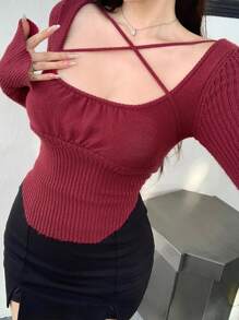 DAZY Suéter de cuello anudado para mujer, ropa de otoño para volver a la escuela y fiestas