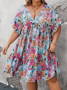 SHEIN CURVE+ Plus Size Women's Festival Floral Printed V-Neck Batwing Sleeve Short Sleeve Babydoll Dress