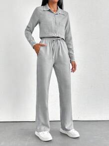 ZIRRA Conjunto de 2 piezas de camisa de manga larga de unicolor y pantalones casuales para mujer - Gris - Ver 3
