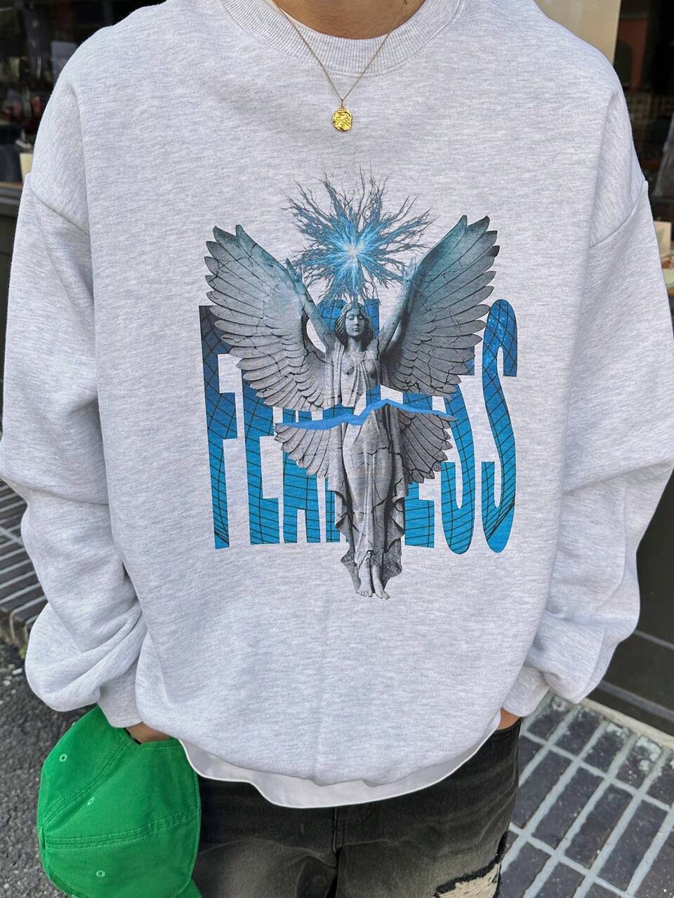 Men's Angel Letter Print Loose Fit Crew Neck Long Sleeve Casual Pullover Sweatshirt, Autumn