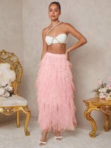Hauture Ruffle Mesh High Waist Solid Skirt - Pink - View 2