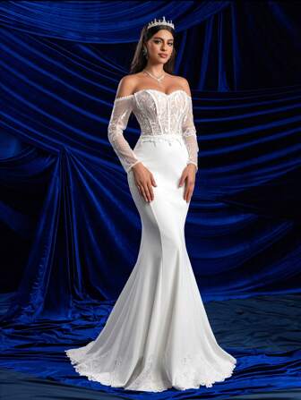 Glamrae Elegantes und glamouröses Off-Shoulder Brautkleid mit transparenten Langärmeln, geformtem Brustbereich, offenem Rücken, Spitzenbesatz und Meerjungfrauenschnitt mit Spitzensaum, weißes Brautkleid