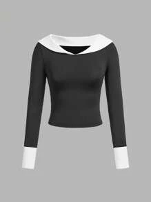 Forever 21 Women's Spring/Summer Color-Blocked Peter Pan Collar Long Sleeve Slim Fit T-Shirt
