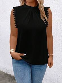 SHEIN Clasi Plus Summer 蕾丝花边饰高领衬衫 - 黑色 - 查看 3