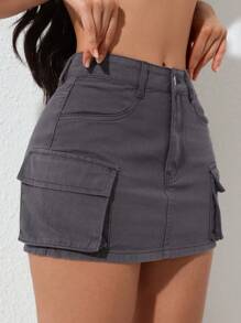SHEIN PETITE 女士纽扣腰带侧袋时尚牛仔迷你裙 - 灰色 - 查看 5
