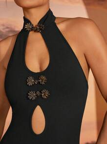 Hauture Women Elegant Black And Gold Hollow Out Halter Mini Dress,Summer Bodycon Backless Dress,Party Night Festival Outfits - Black - View 4