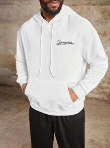 Manfinity Roughcore Plus Size Men's Letter Print Pouch Pocket Pullover Hoodie - White - View 1