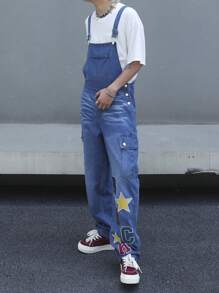 Manfinity Roughcore 男式夏季休闲无袖趣味星星图案牛仔背带裤，带口袋，适合聚会、朋友聚会 - 藍色 - 查看 4