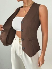 RosyDaze Women's Summer Solid Color Single-Breasted Casual Short Vest - Brown - View 6