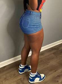 Black Skinny Denim Mini Skirt - Medium Wash - View 2