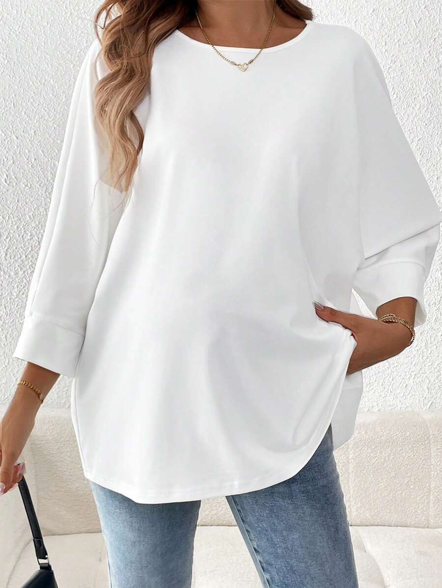 SHEIN Maternity Solid Color Crew Neck Loose T-Shirt - White - View 1