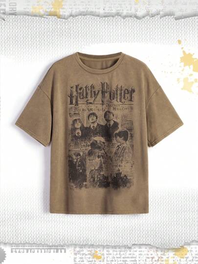 Harry Potter | ROMWE Women Loose Fit Acid-Washed Short Sleeve T-Shirt