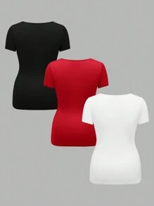 SHEIN 3 piezas/set de tops de verano ajustados de manga corta con cuello cuadrado en negro, blanco y gris para maternidad - Rojo - Ver 6