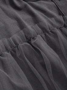 FRIFUL 女式宽松圆领长袖网眼撞色 T 恤，春夏 T 恤，秋季女装 - 灰色 - 查看 3