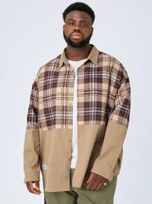 Manfinity VCAY Áo sơ mi dài tay trễ vai dệt chắp vá cỡ lớn dành cho nam, thích hợp cho mùa thu đông - Màu Khaki - Xem 4