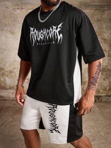 Manfinity LEGND Bộ 2 áo thun tay ngắn cổ tròn in chữ và quần short thường ngày cho nam, mùa hè - Đen và trắng - Xem 4