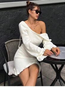 INAWLY Women Lace-Up Backless Long Sleeve Sweater Dress Spring Summer - White - View 5