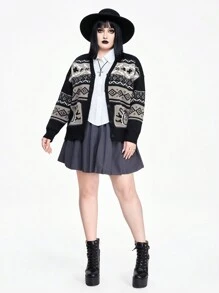 ROMWE Academia Plus Size Retro Black & Gray Jacquard Patterned Cardigan - Black - View 2