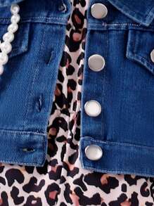SHEIN Baby Girl Solid Color Front Buttoned Long Sleeve Denim Jacket + Leopard Printed Suspender Pants Set With Necktie - Multicolor - View 7