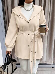 Calvaya Plus Size Hooded Drawstring Waist Long Sleeve Elegant Outerwear - Apricot - View 1