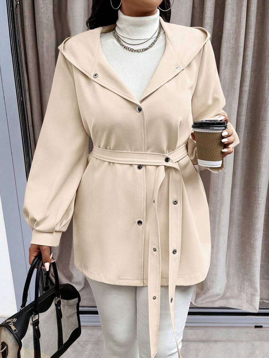 Calvaya Plus Size Hooded Drawstring Waist Long Sleeve Elegant Outerwear - Apricot - View 1