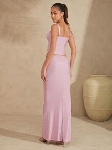 L'Amorae Lace Insert Cami Top And Mermaid Maxi Skirt Set - Pink - View 3