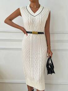 SHEIN LUNE 女式 V 领粗针织纹理无袖连衣裙和背心 - 彩色 - 查看 1