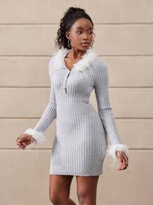 Teen Girl Chic Furry Collar & Cuff Fitted Short Sweater Dress, Showcasing High-End Fashionable Charm. The Furry Collar & Cuffs Add A Luxurious Touch, While The Ribbed Details Accentuate The Elegant Figure. The Fitted Design Highlights The Graceful Curves, And The Long Sleeves Provide Warmth And Sophistication. Suitable For Outings, Gatherings, And Photo-Taking, Embodying The Taste Of Teenage Girls. This Sweater Dress Is Imbued With A Sense Of Aristocratic Quality, Allowing The Wearer To Radiate An Aura Of Nobility And Elegance, Becoming The Center Of Attention Wherever They Go, And Exuding Youthful Vigor And Refined Charm. - Dusty Blue - View 3