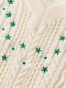 Chiquease 女士V领刺绣花卉图案针织背心，春秋 - 杏色 - 查看 4