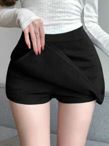 DAZY Women's Solid Color Side Slit Casual Skort - Black - View 3