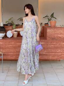 DAZY Vestido casual suelto de tiras de espagueti con volantes en el bajo y estampado floral para mujer