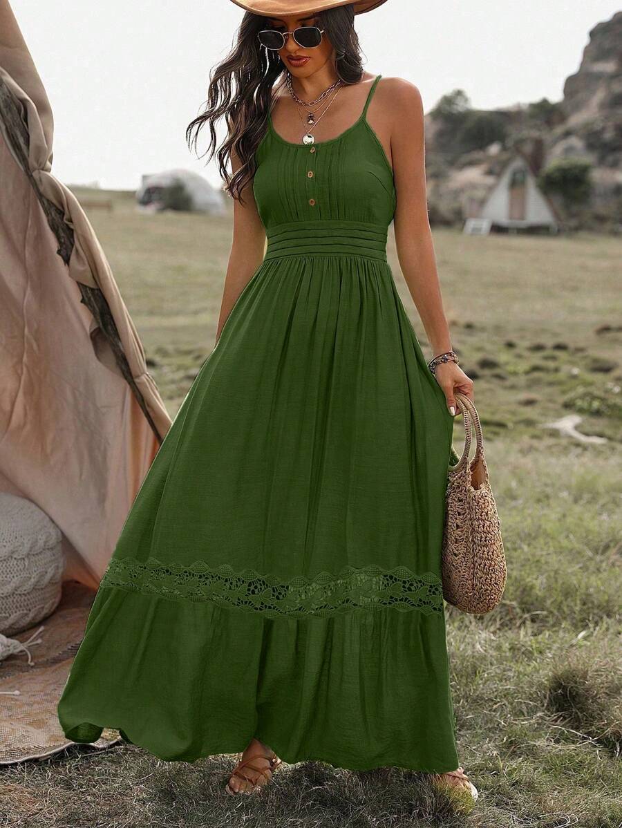 Breezaya Solid Color Spaghetti Strap Front Button Pleated Minimalist Casual Dress For Holiday Maxi Vacation Beach Outfits Women - Dark Green - View 1