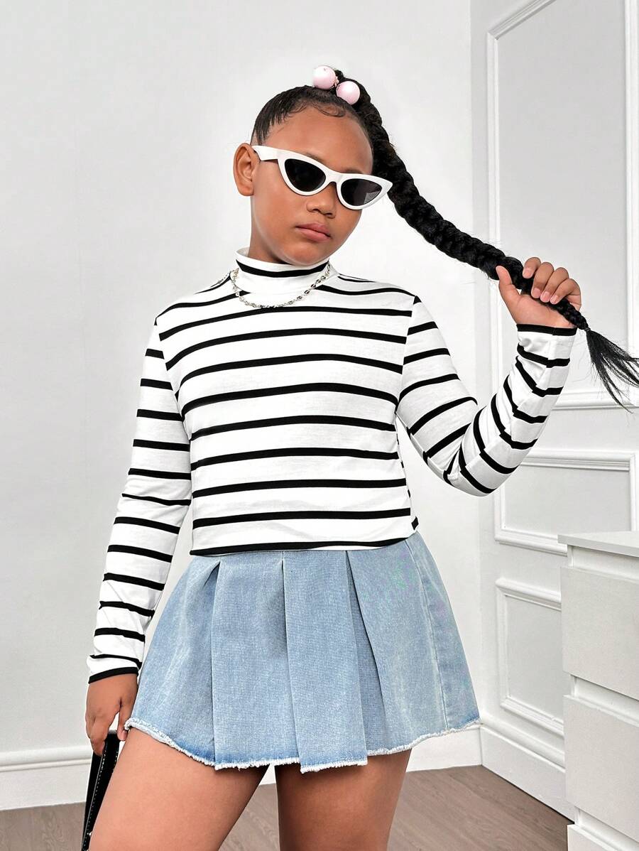 SHEIN Tween Girls Extended Size Basic Casual Ribbed Turtleneck Long Sleeve T-Shirt