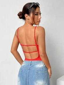 SHEIN EZwear 针织无袖露背紧身衣 - 紅色 - 查看 4