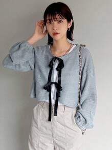 FRIFUL Áo cardigan nữ có thắt lưng thắt nơ - Xám - Xem 4