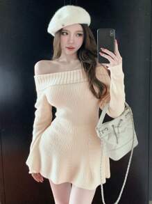 DAZY 女士露肩性感紧身连衣裙，针织毛衣，适合派对、返校、秋冬季、新年等场合 - 白色 - 查看 4