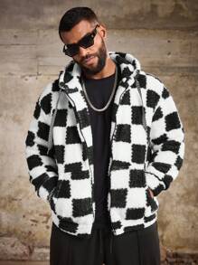 Manfinity Roughcore Áo khoác nam dài tay in họa tiết kẻ caro cỡ lớn thời trang cho mùa thu đông - Đen và trắng - Xem 1
