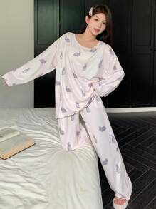 DAZY 长袖兔子印花上衣和裤子睡衣套装，秋冬服装 - 米色 - 查看 8