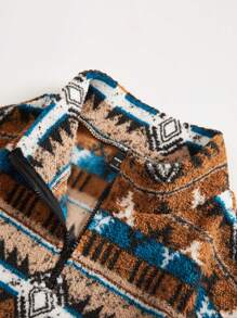 Manfinity Homme Men's Casual Geometric Print Pullover Sweatshirt, Autumn Winter Quarter Zip Going Out Cowboy Graphic Long Sleeve Sweatshirt, For Friends, Husband, Boyfriend Gifts - Coffee Brown - View 3