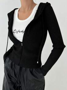 DAZY Women's Slim Solid Color Hooded Long Sleeve Cardigan,Long Sleeve Tops,Fall Clothes,Back To School Clothes Jacket - Black - View 4