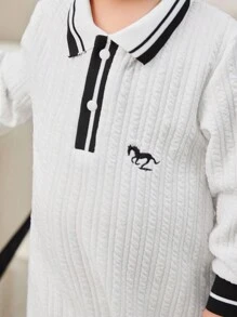 SHEIN Infant Baby Boy Contrast Color Rib Knit Stand Collar Jumpsuit, Autumn Winter - White - View 6