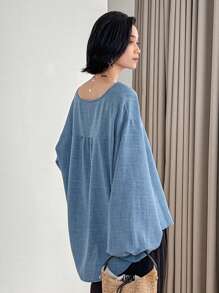 FRIFUL Áo sơ mi dài tay trễ vai dáng rộng vừa vặn dành cho nữ, mùa xuân và mùa hè - Màu xanh lam - Xem 4