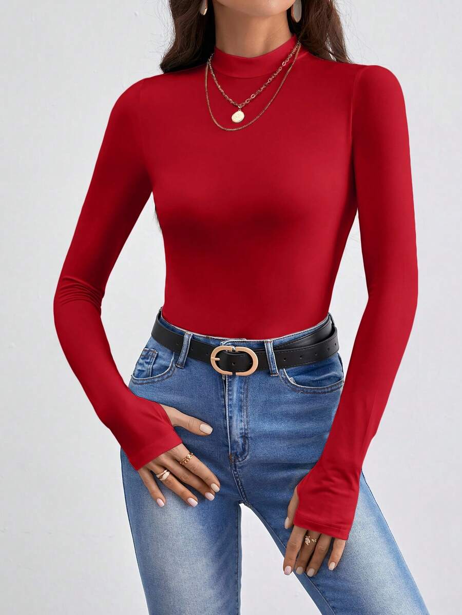 SHEIN Frenchy 純色高領T恤，內搭T恤，長袖，基礎款T恤 - 紅色 - 查看 1